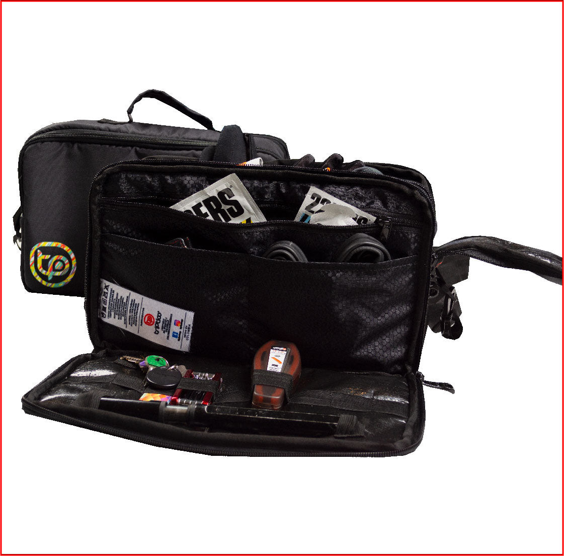 Black rectangular-shaped briefcase with yellow triptych logo