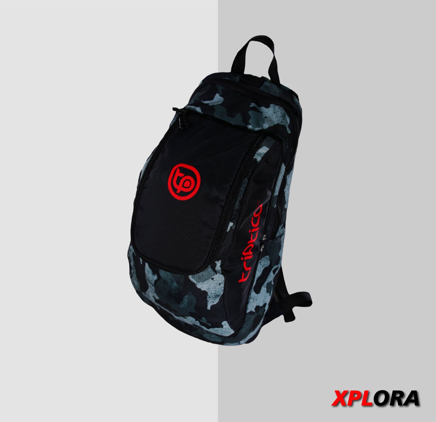 MALETÍN XPLORA CAMUFLADO NEGRO - GRIS, LOGO ROJO