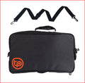 Black rectangular case with orange logo